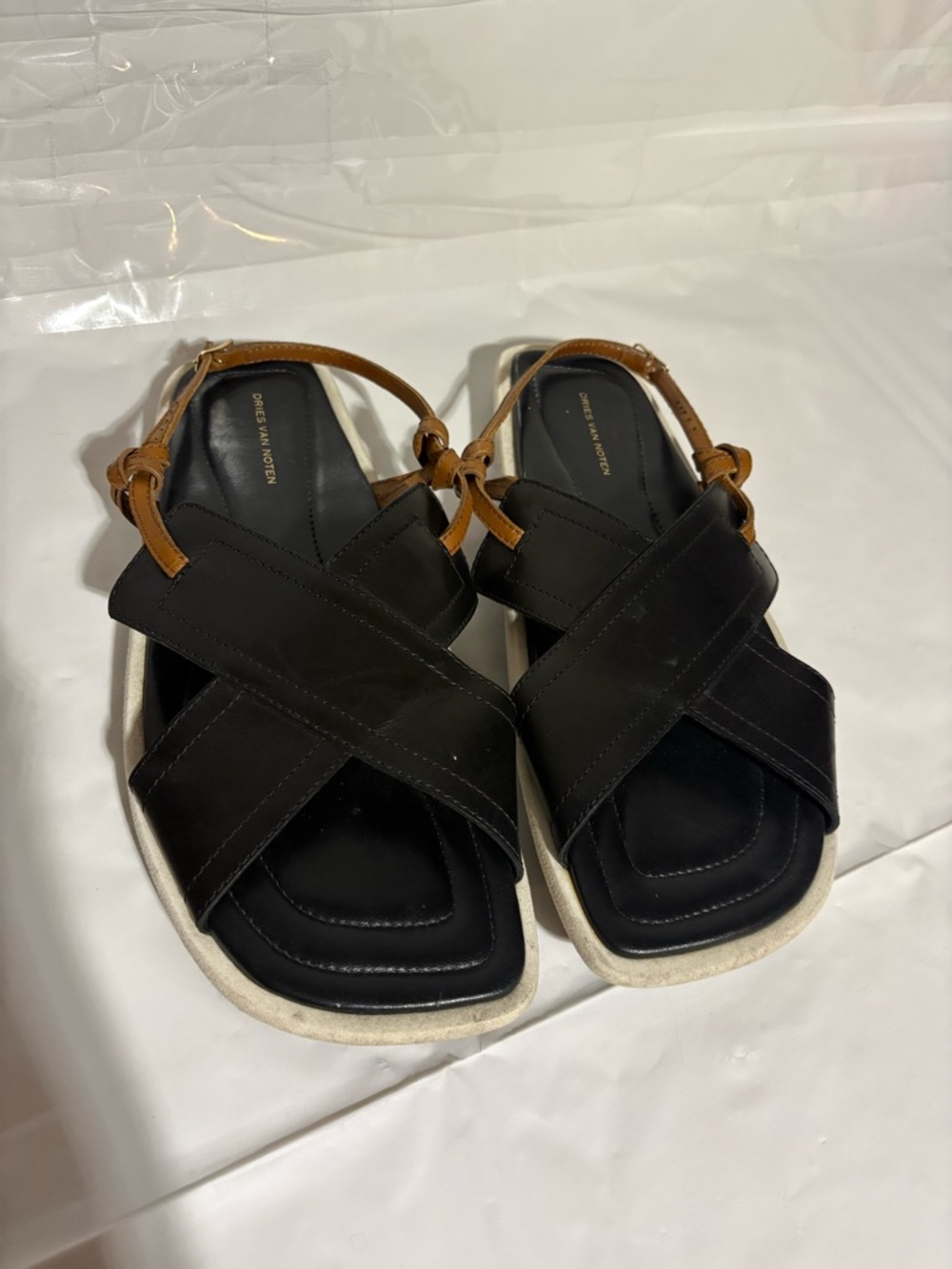 Dries Van Noten Black and Tan Crisscross Leather Sandals